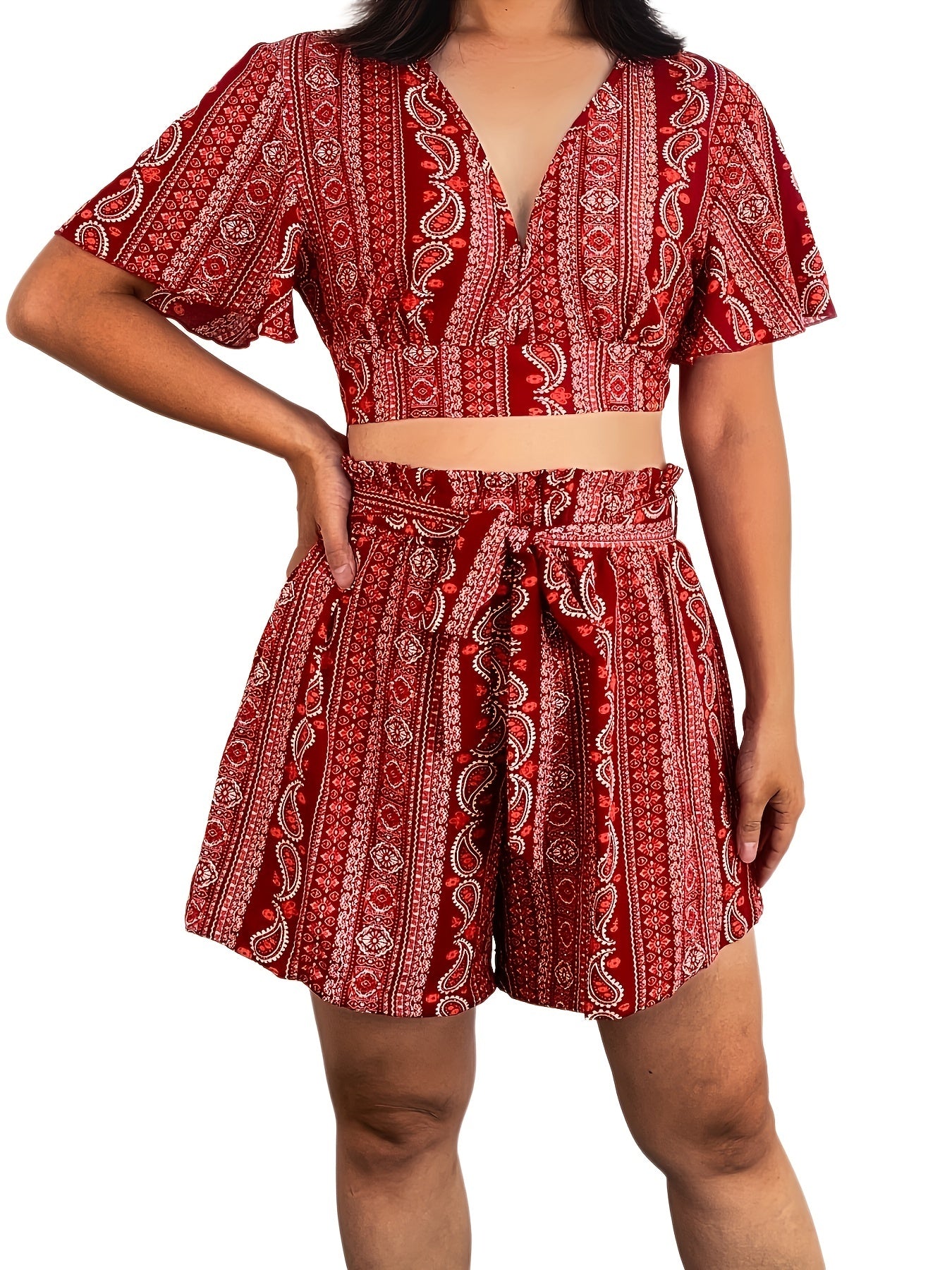 Paisley Print Two Piece Set Plunging V Neck Top & Wide Leg Shorts