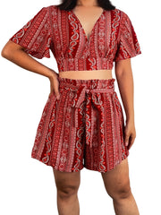 Paisley Print Two Piece Set Plunging V Neck Top & Wide Leg Shorts