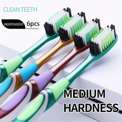 6pcs Medium Hard Hair Toothbrush, Family Pack, 2 Red, 2 Green, 2 Yellow