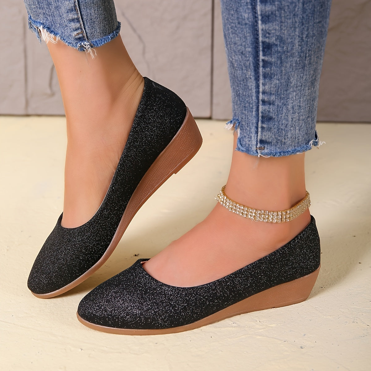 Women's Glitter Flat Shoes Soft Sole Pointed Toe Comfort Ballet Flats