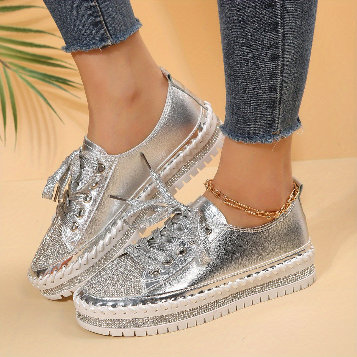 Women's Rhinestone Lace Up Skate Shoes Platform Sneakers