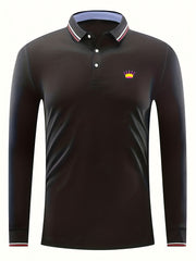 Crown Print Men's Lapel Polo Shirt Casual Stretch Button Up