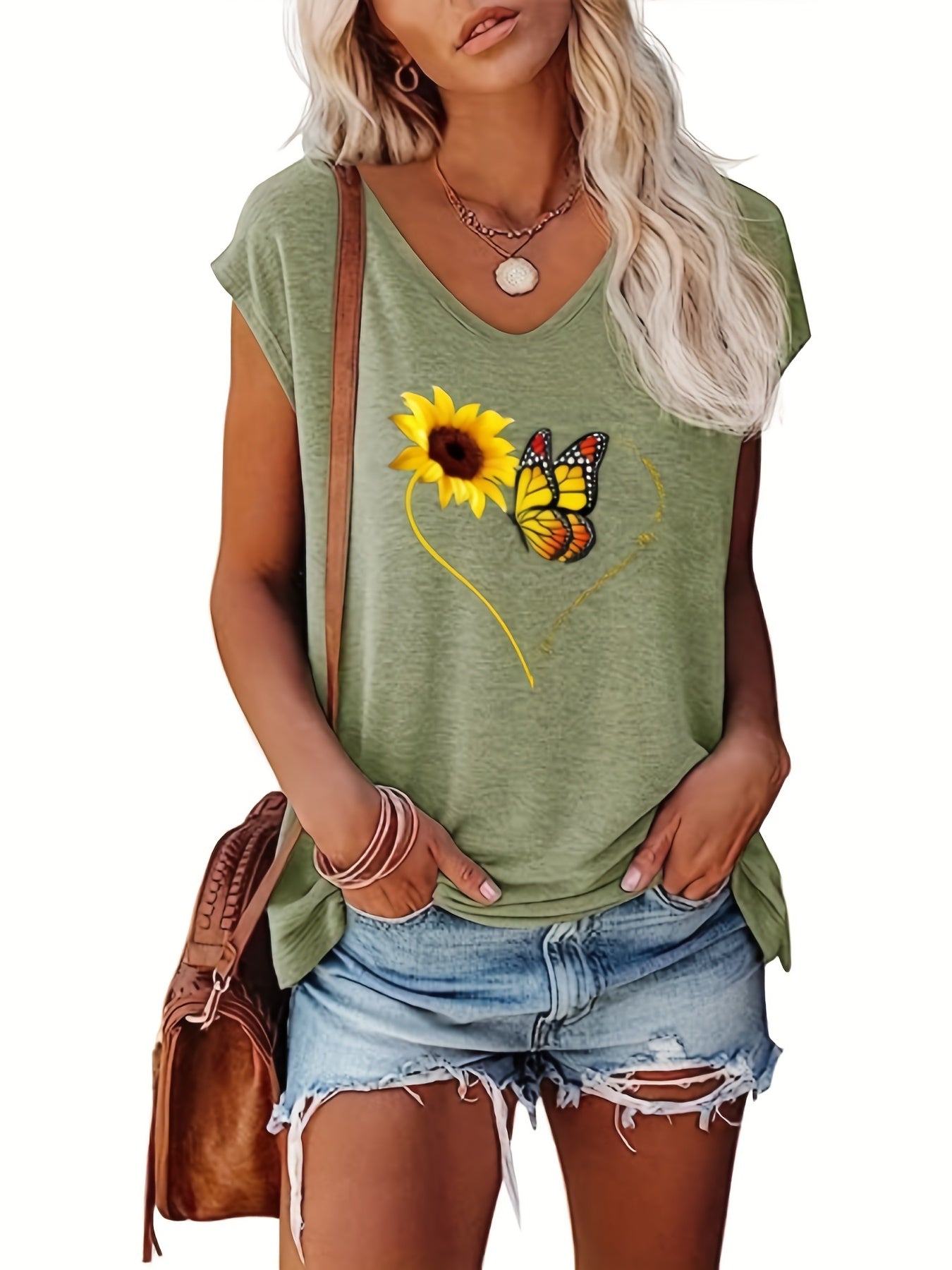 Sunflower & Butterfly Print Cap Sleeve Top V Neck Summer Top