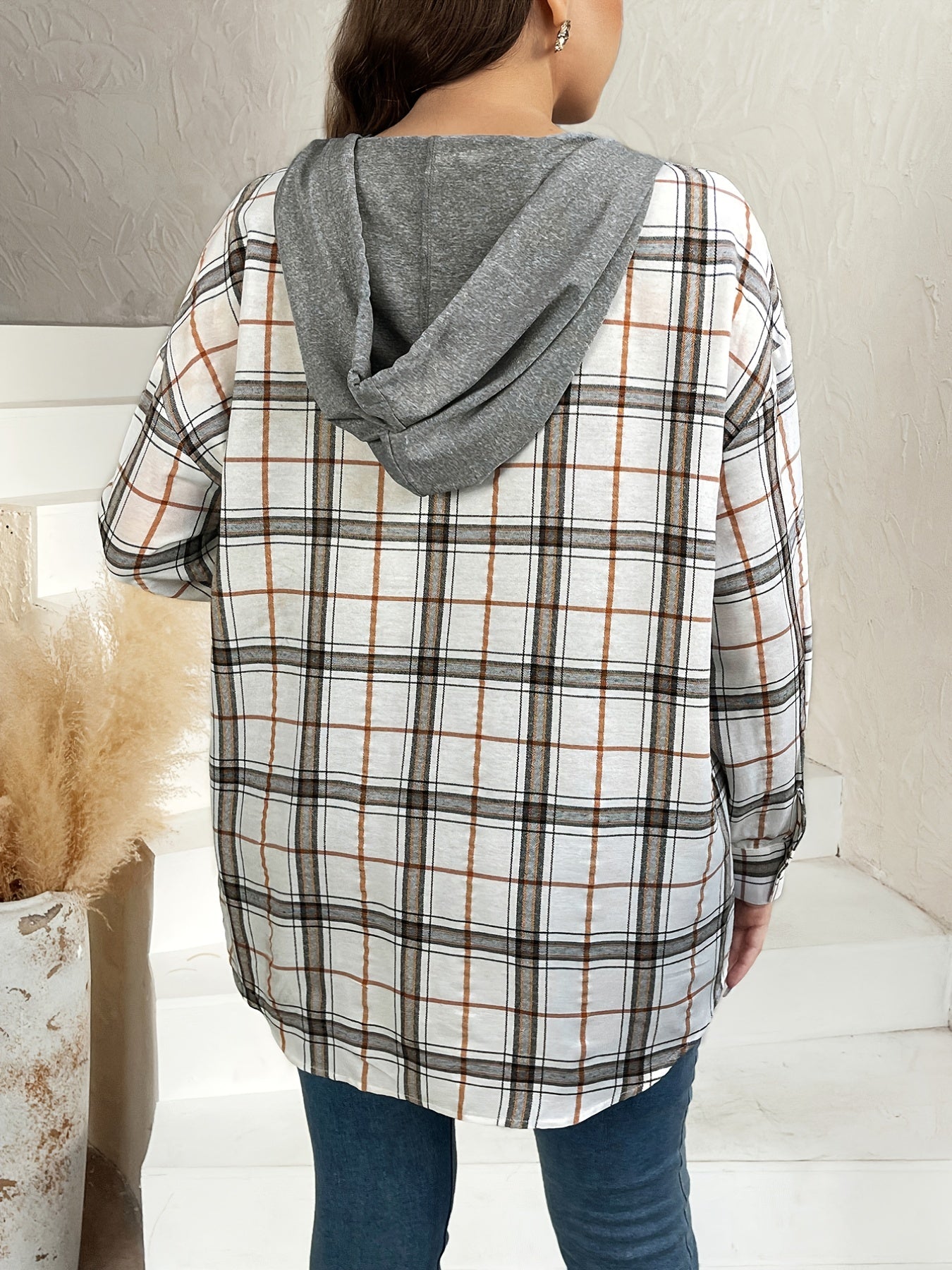 Colorblock Plaid Print Hooded Shacket