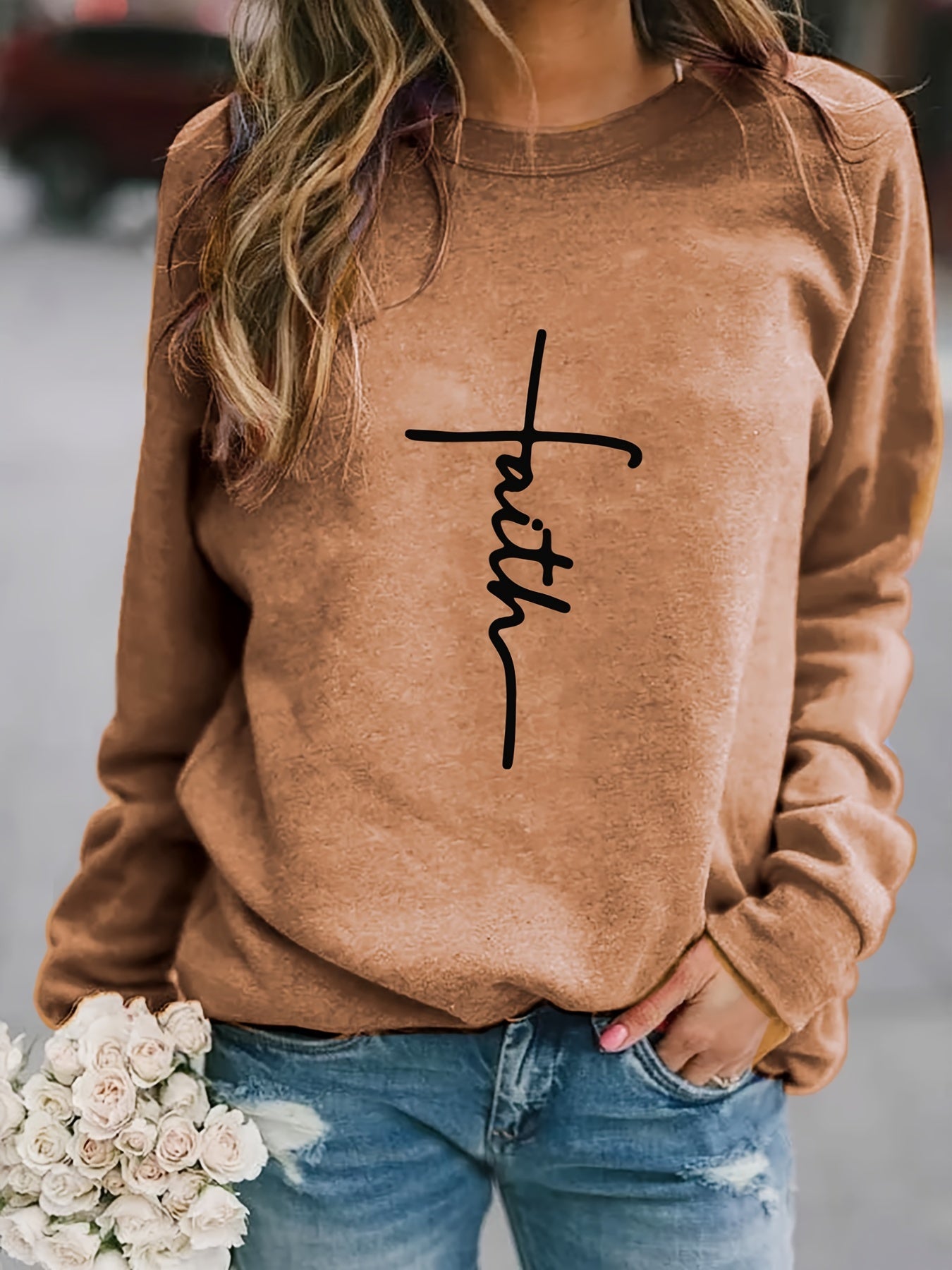 Letter Print Pullover Sweatshirt Long Sleeve Crew Neck for Fall & Winter