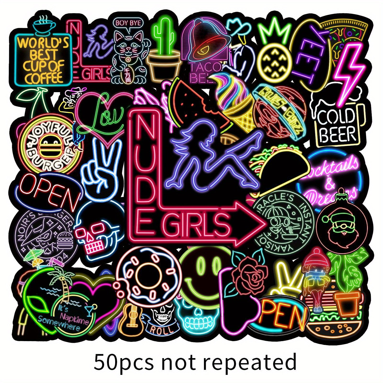 50pcs Neon Light Cake Doodle Birthday Sticker Set