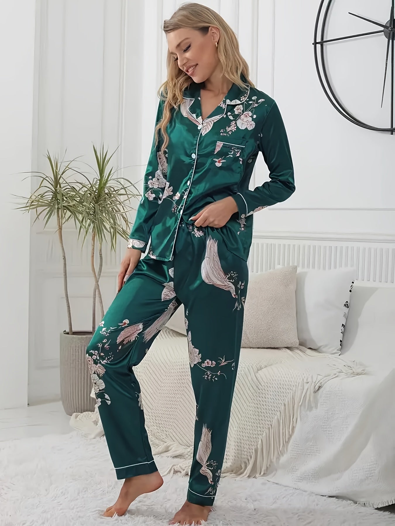 Floral Print Pajama Set Long Sleeve Buttons Top & Elastic Waistband Pants