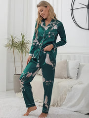 Floral Print Pajama Set Long Sleeve Buttons Top & Elastic Waistband Pants