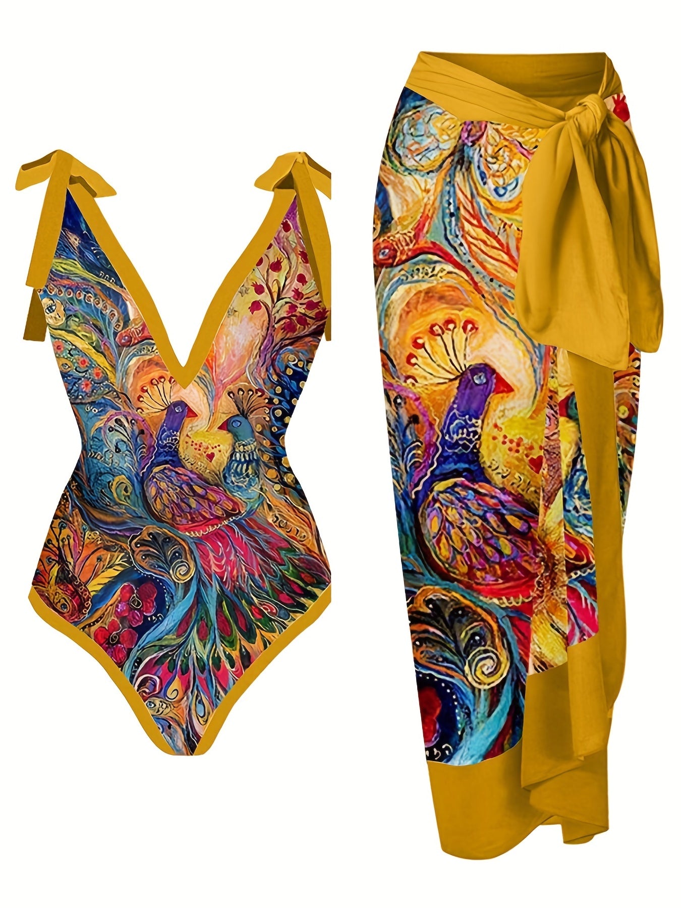 Peacock Print Two Pieces Swimsuit with Cover Up Shirt