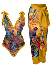 Peacock Print Two Pieces Swimsuit with Cover Up Shirt
