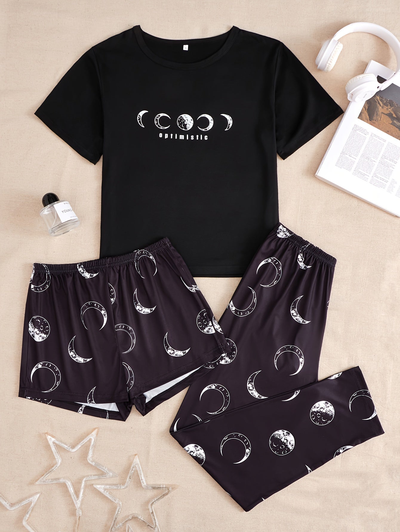 Moon Print Pajamas Set Short Sleeve Top & Shorts & Pants