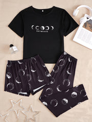 Moon Print Pajamas Set Short Sleeve Top & Shorts & Pants