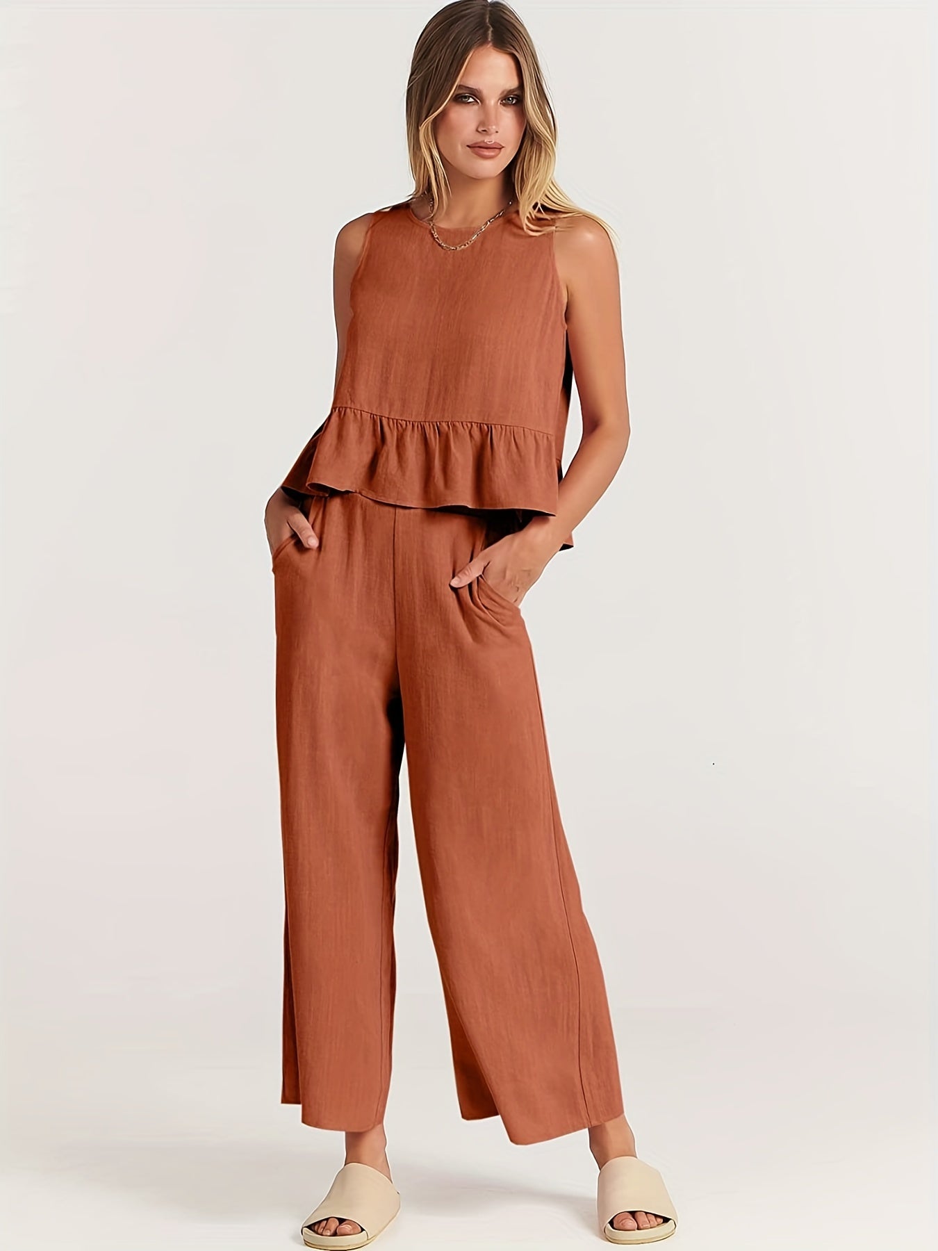 Plus Solid Button Decor Ruffle Trim Tank Top & Wide Leg Pants Set