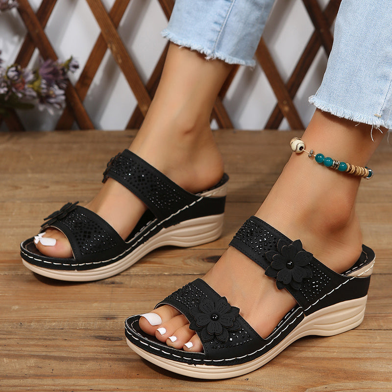 Flower & Rhinestone Wedge Slippers Open Toe Non Slip Arch Support Sandals