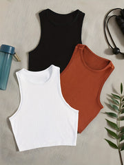 Solid Ribbed Sports Tank Top Round Neck Sleeveless Top
