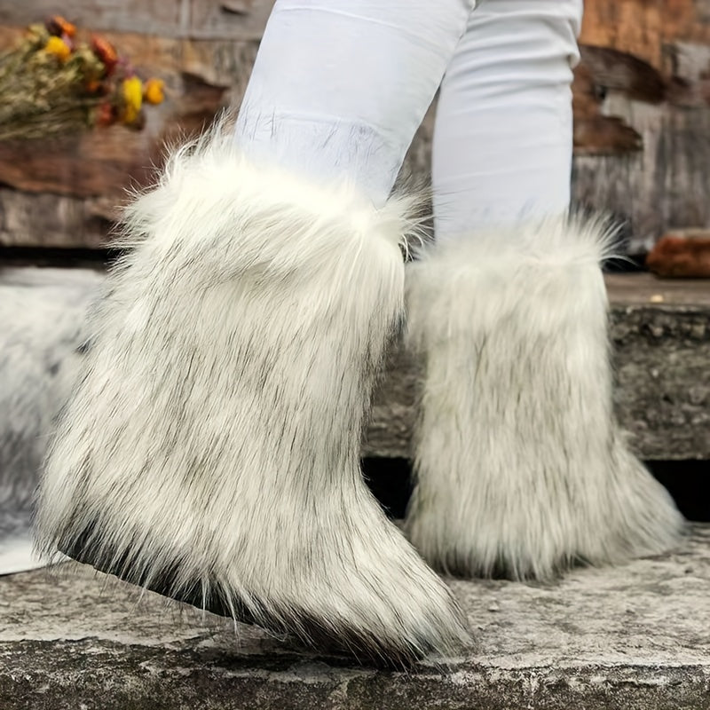 Women's Fleece Lined Snow Boots Slip on Platform Mid Calf Boots