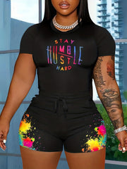 Women's Plus Ombre Letter Print Tee & Splash Print Shorts Set