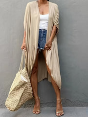 Solid Cover Up Shirt V Neck Loose Fit Non Stretch Beachwear Kimono