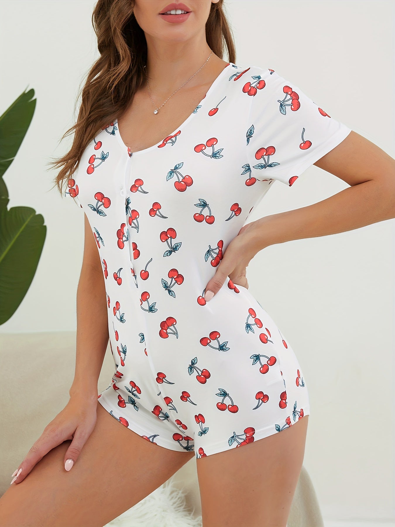 Cherry Print V Neck Jumpsuit Sleepwear