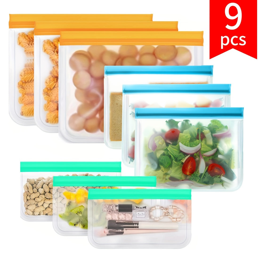 9pcs Silicone Food Storage Pouches Leak Proof BPA Self Sealing Bag
