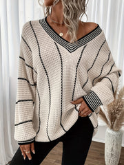 Striped V Neck Pullover Sweater Casual Long Sleeve Loose Sweater