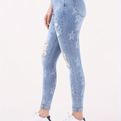 Star Print Ripped High Rise Skinny Jeans