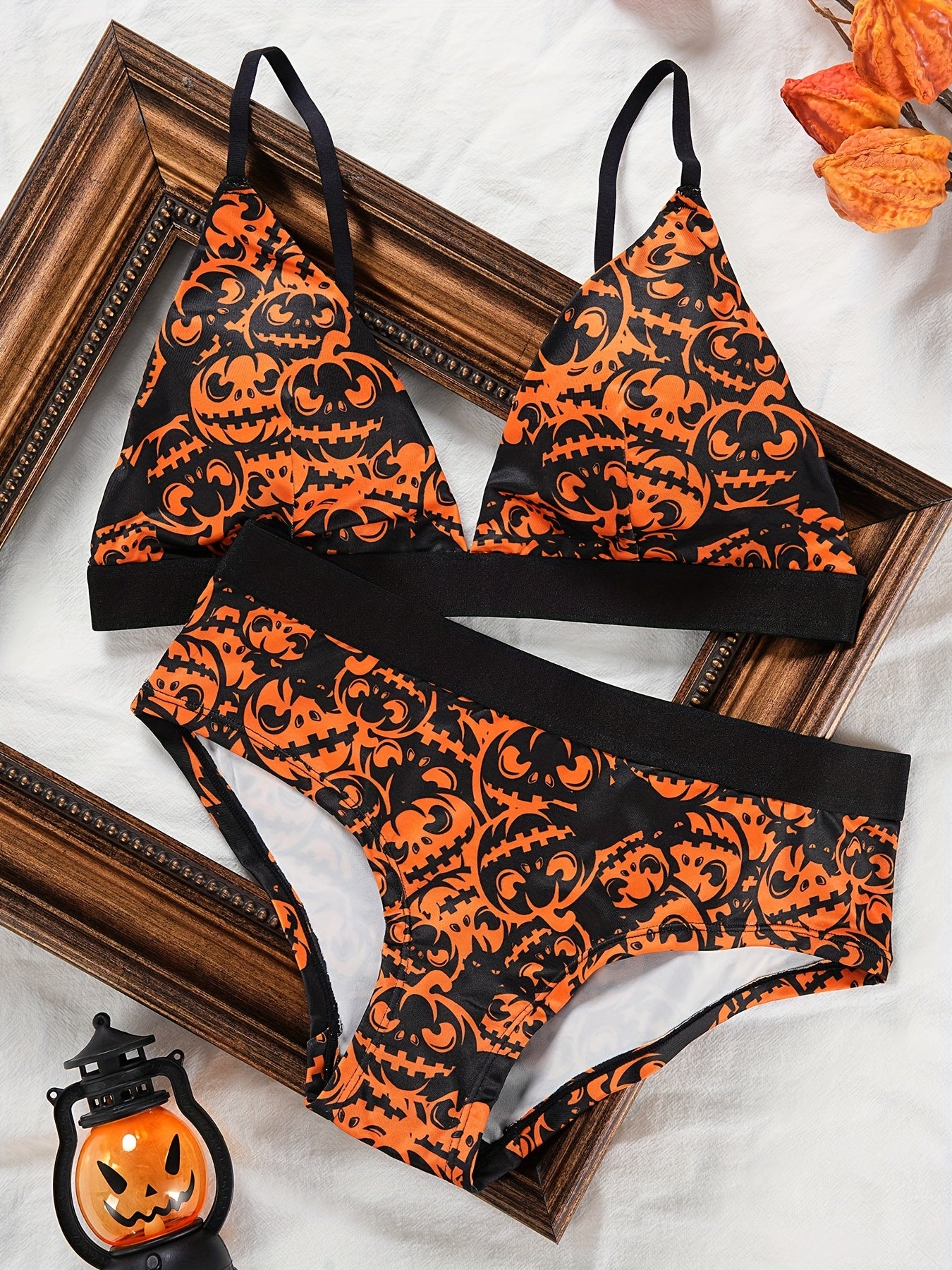 Pumpkin Print Plunge Bra & Panties Set