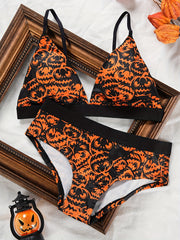Pumpkin Print Plunge Bra & Panties Set