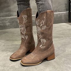 Western Embroidered Cowgirl Boots Chunky Heeled Mid Calf Boots