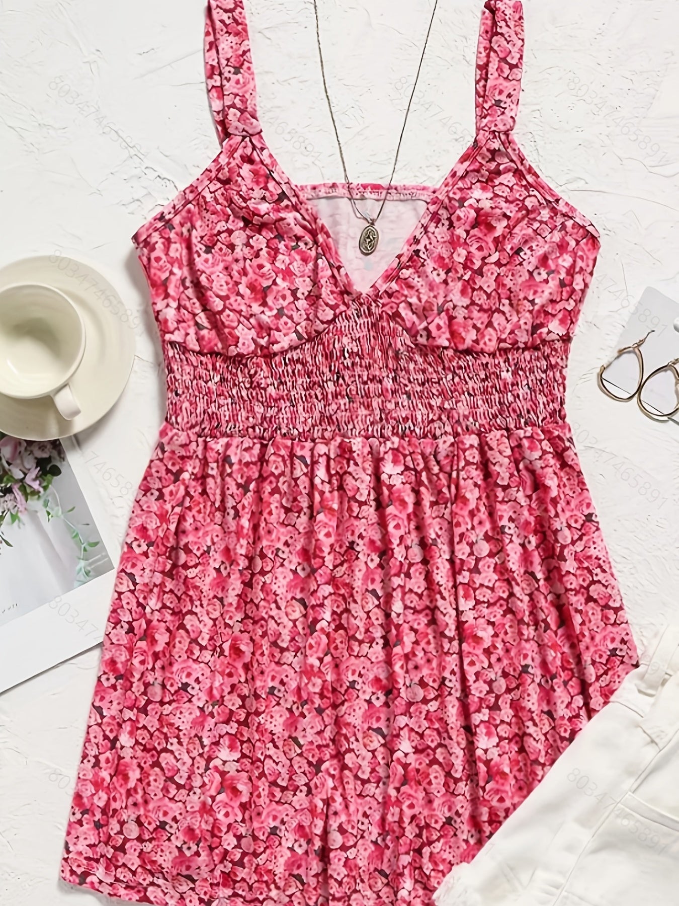 Floral Print Shirred Spaghetti Top V neck Sleeveless Cami Top