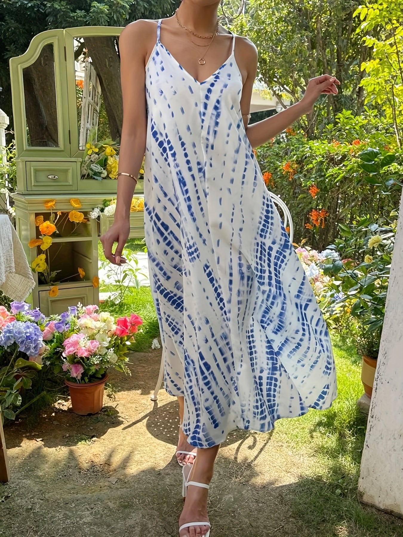 Tie Dye V Neck Spaghetti Dress Cross Backless Cami Dress