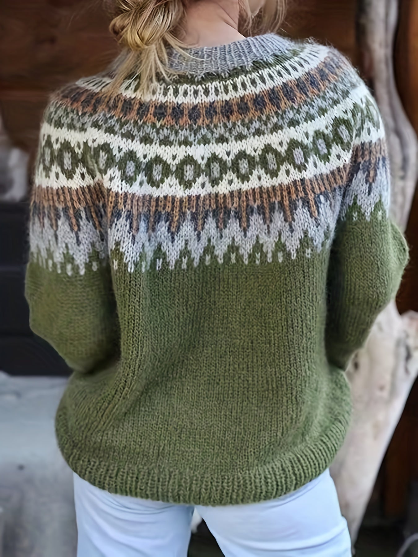 Fair Isle Pattern Crew Neck Sweater Vintage Long Sleeve Sweater
