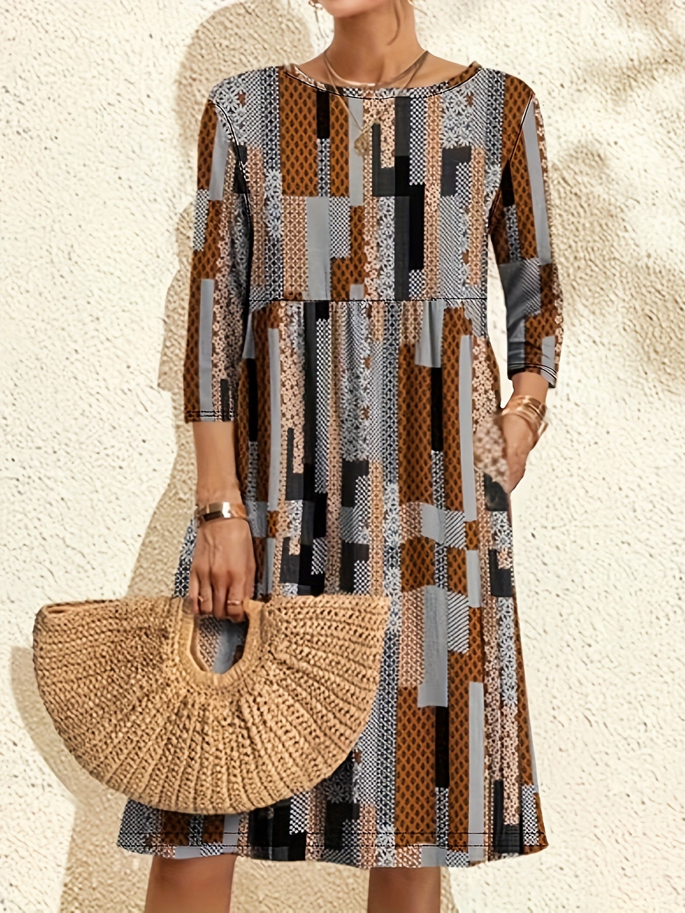 Geometric & Floral Print Half Sleeve Dress