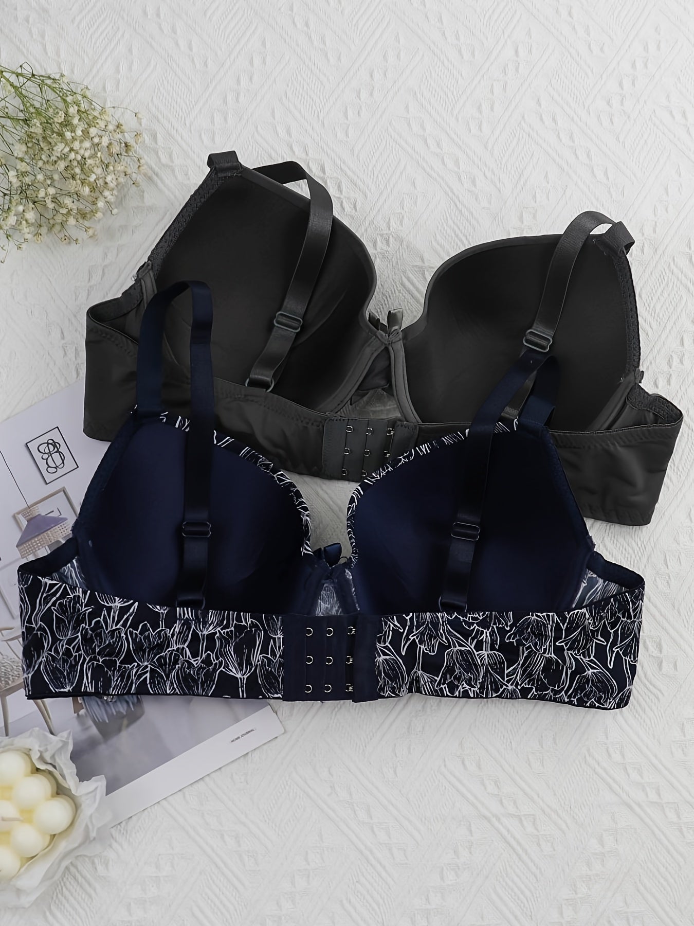 2 Pack Women's Plus Size Casual Bras Set Full Coverage Solid Floral Print 2pcs