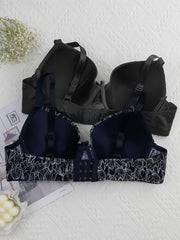 2 Pack Women's Plus Size Casual Bras Set Full Coverage Solid Floral Print 2pcs