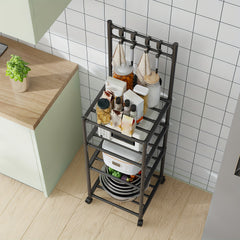 4-Layer Kitchen Shelf with Pulley and Hook, Pot Storage Rack