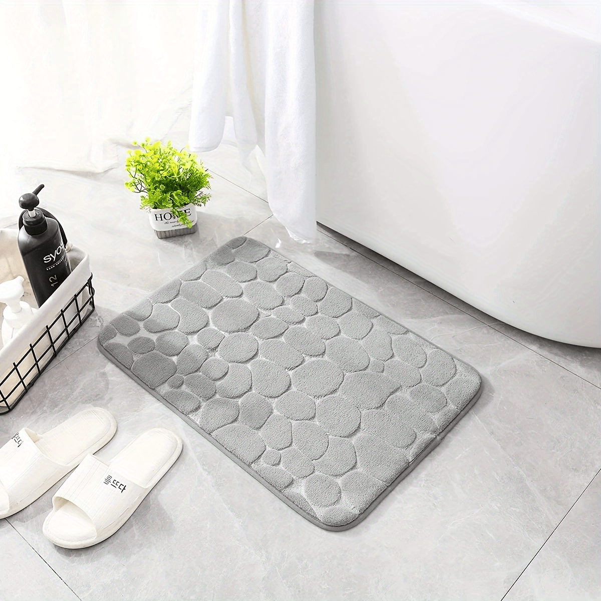 Grey Bath Floor Mat Non Slip Absorbent Rug Bathroom Carpet Stone Pattern