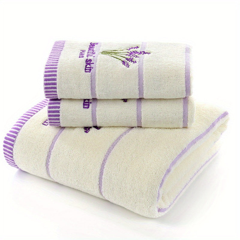 3pcs Lavender Pattern Towels Set - Bath Towel 70x140cm, 2 Face Towels 34x73cm