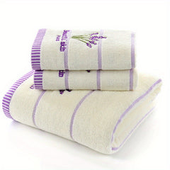 3pcs Lavender Pattern Towels Set - Bath Towel 70x140cm, 2 Face Towels 34x73cm