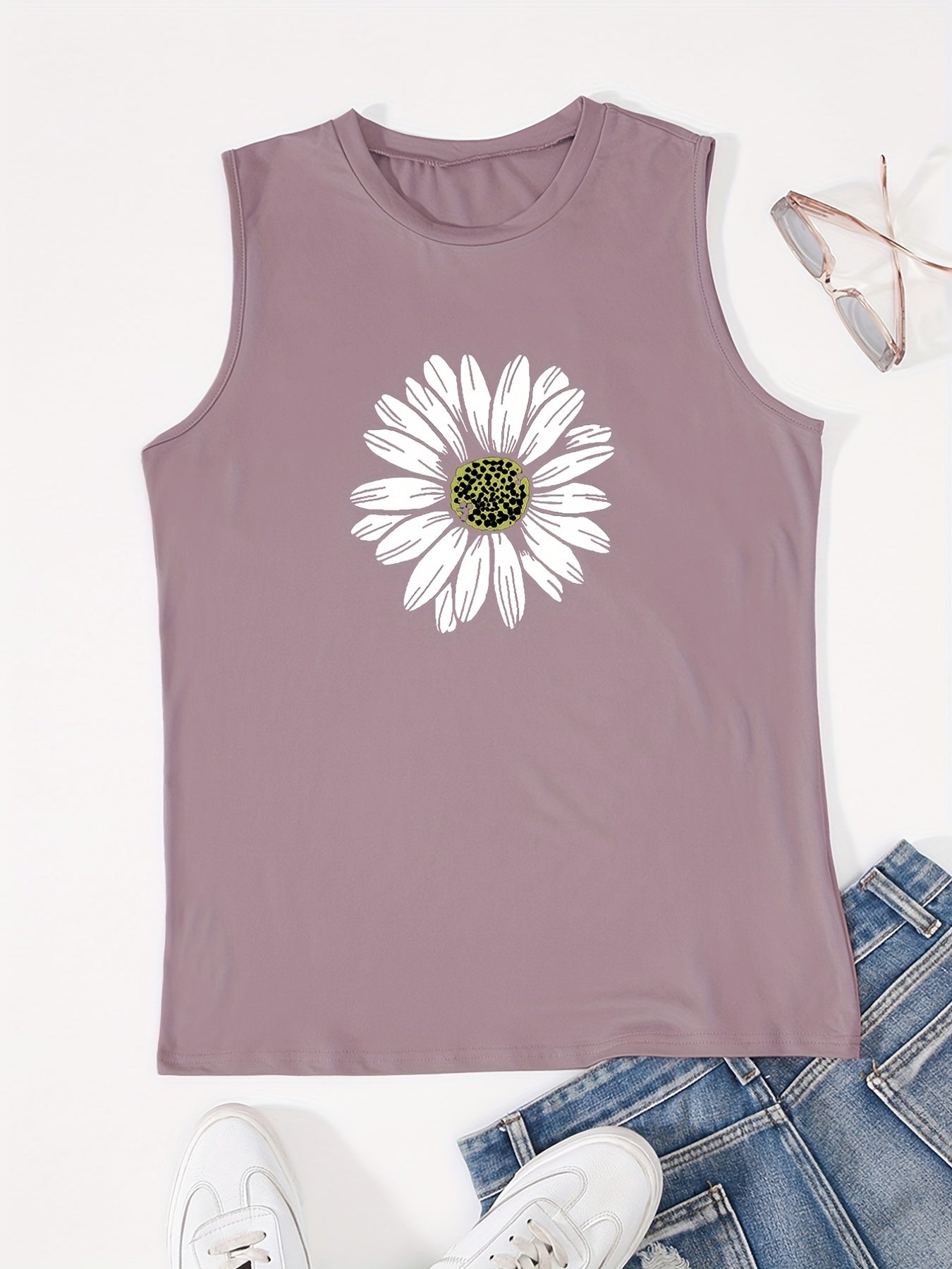Flower Print Crew Neck Tank Top Sleeveless for Summer