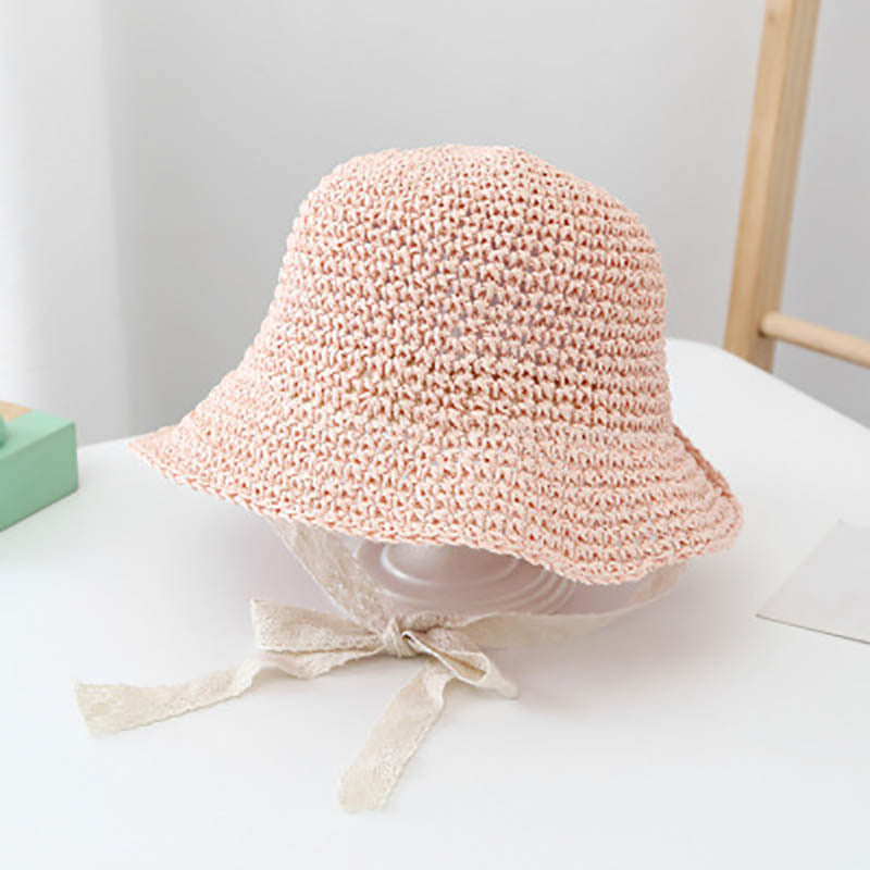 Girls Braided Straw Hat With Lace Straps Sun Protection