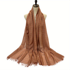 Plaid Pattern Scarf Vintage Frayed Edge Shawl Windproof Head Wrap