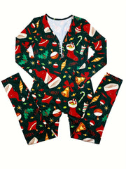 Christmas Print Lounge Jumpsuit Long Sleeve V Neck Buttons Jumpsuit