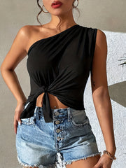 One Shoulder Tie Front Tank Top Summer Sleeveless Top