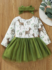 Baby Girl Cartoon Print Long Sleeve Mesh Dress Headband Set