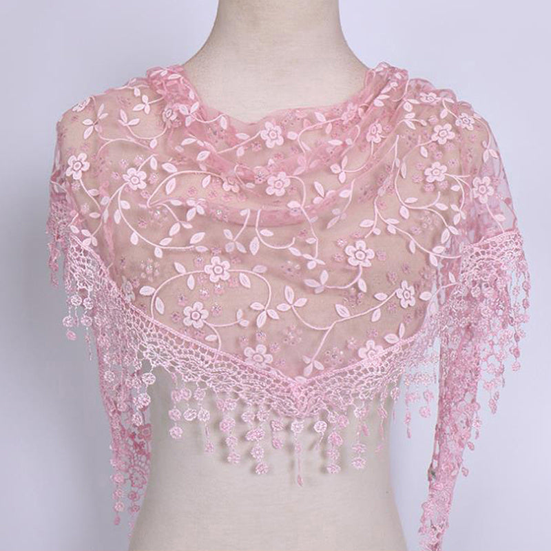 Floral Scarf Lace Hollow Out Solid Tassel Shawl Triangular Scarf