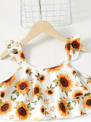 2pcs Girls Sunflower Ruffle Trim Tops & Belted Pants Set