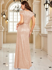 Sequin Twist Front Bridesmaid Dress V neck Short Sleeve Dress For Wedding Party