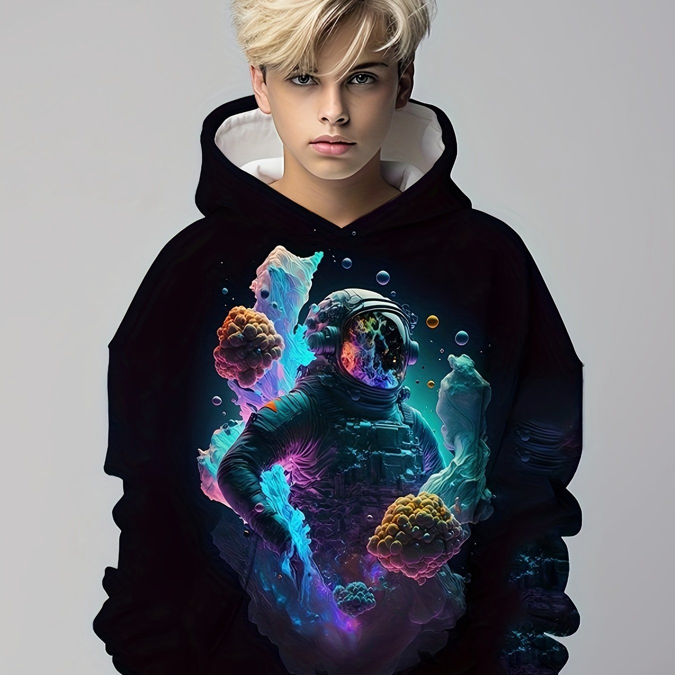 Astronaut Pattern Hoodie For Kids Casual Pullover Hooded Long Sleeve Top