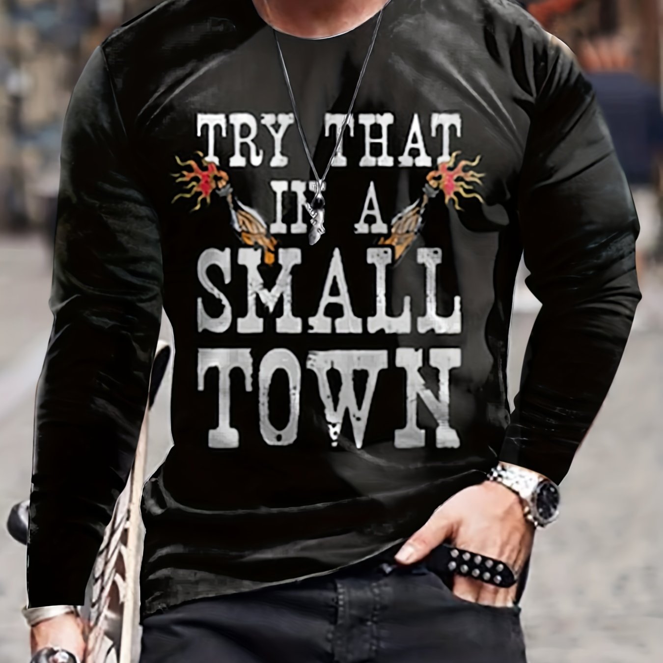Small Town Print Men's Long Sleeve Vintage T-shirt for Autumn